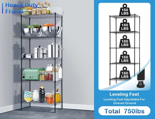 Vista 4 de Estantería de metal de 5 estantes, altura ajustable, estante de alambre comercial con patas niveladoras, capacidad de 150 libras por estante, 24 x