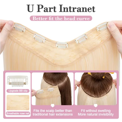 Vista 2 de S-noilite Extensiones de cabello de una pieza con clip, color rubio balayage de 18 pulgadas, en forma de U, extensiones de cabello de trama de una