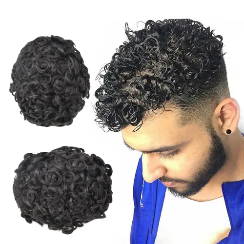 Vista 21 de Afro Toupee Hair Piece para hombres negros Encaje suizo completo Afro Hombres Toupee cabello humano rizado hombres onda unidades de cabello
