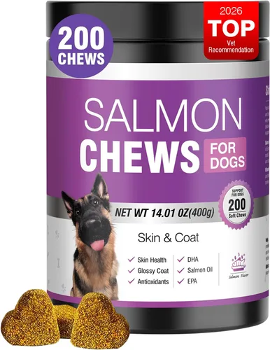 Vista 9 de Suplemento de Omega 3 para piel y pelaje para perros 200 masticables, suplementos de aceite de pescado para perros con ácidos grasos EPA y DHA