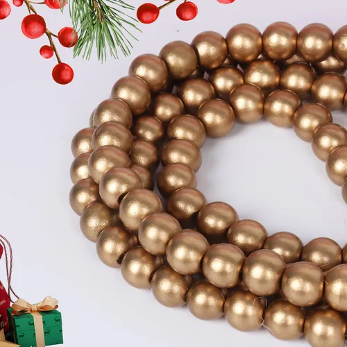 Vista 4 de Guirnalda de cuentas de madera de Navidad Guirnalda de cuentas de madera para árbol de Navidad Decoración festiva (Oro) Cuentas bohemias