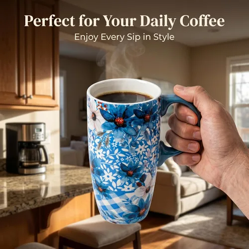 Vista 4 de DUSVALLY Taza de Café Alta de Cerámica, Juego de Tazas de Café para Amigos, Taza de Viaje con Tapa para Oficina y Hogar, Regalos Únicos para Mujeres