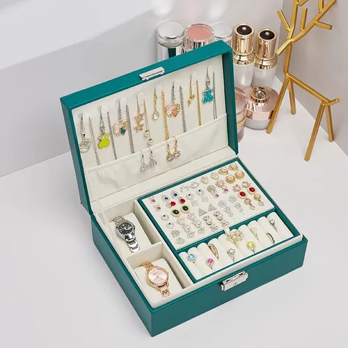 Vista 7 de XYMAO Caja organizadora de joyas cajas de joyería de cuero sintético con cerradura para mujeres y niñas caja de joyería de viaje para anillos aretes