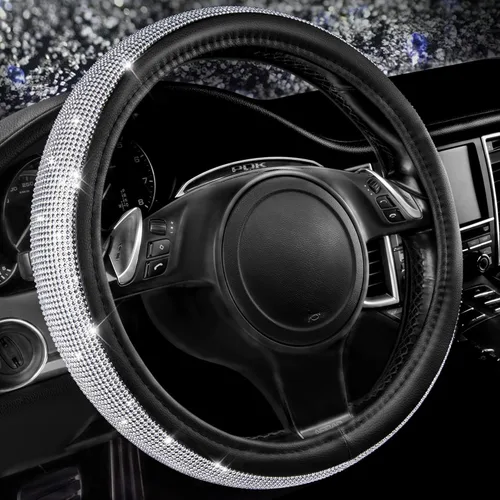 Vista 10 de CAR PASS Funda para volante de cuero beige con diamantes brillantes, cristales blancos brillantes con purpurina y pedrería, ajuste universal de 14