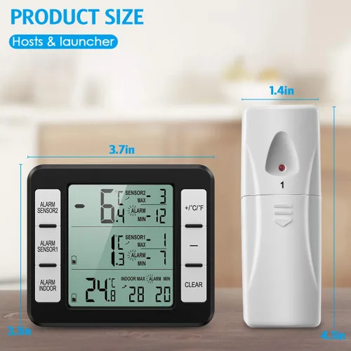 Vista 5 de Termómetro de Refrigerador AMIR (Nueva Versión), Termómetro Inalámbrico para Interior y Exterior, Sensor de Monitoreo de Temperatura con Alarma