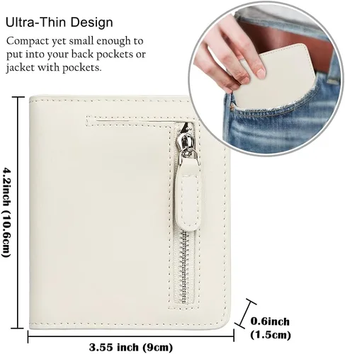 Vista 6 de Funtor Cartera de cuero para mujer, pequeña y compacta, con bolsillo doble, bloqueo RFID, para mujer