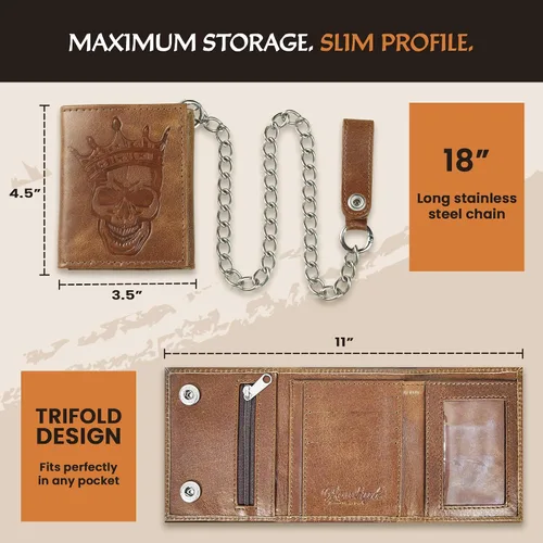 Vista 4 de RAW HYD Cartera de cuero triple Cartera vintage de calavera para hombre Bolso resistente con cadena de acero Carteras duraderas para hombre
