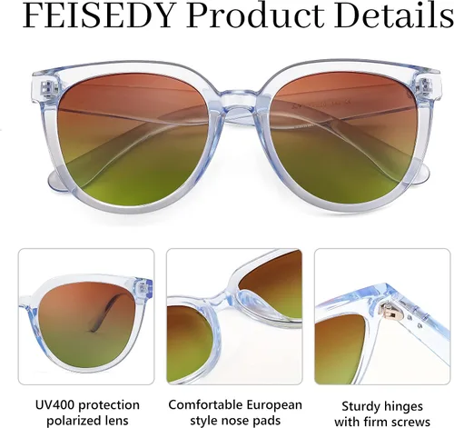 Vista 3 de FEISEDY Gafas de sol para mujer, gafas de sol redondas polarizadas a la moda, estilo moderno, protección UV, Sunnies B4127