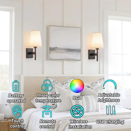 Vista 2 de YHCDLAMP Juego de dos apliques de pared que funcionan con pilas, luces de pared que funcionan con pilas con control remoto, lámpara de pared RGB
