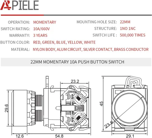 Vista 2 de APIELE Interruptor de botón momentáneo de 22MM 1NO 1NC Cabeza de metal LA36A-11BN-BLK (negro)