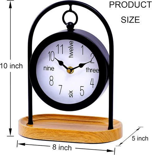 Vista 6 de Reloj de escritorio de metal negro con base de madera, reloj de mesa decorativo para sala de estar, relojes de repisa silenciosos, decoración
