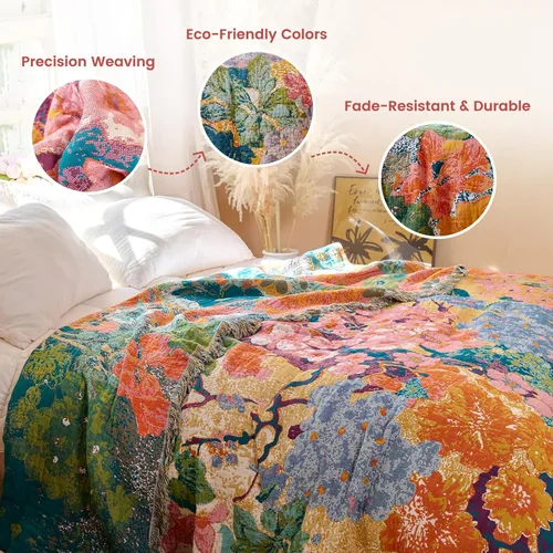 Vista 201 de MSGKV - Manta bohemia/primaveral de algodón para sofá y sala de estar, de gasa acogedora, de 50 x 60 pulgadas 50"x60" Cotton Throw, Woven Bird