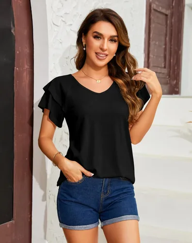 Vista 3 de DSPSAM Summer Tops for Women 2023 Puff Sleeve Business Casual Dressy Ladies Blouses V-Neck Shirt Loose Fit Tunic