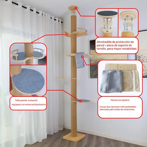 Vista 2 de Árbol para gatos del piso al techo con poste rascador de cuerda de sisal natural, altura ajustable (55-119 pulgadas), árbol de actividades