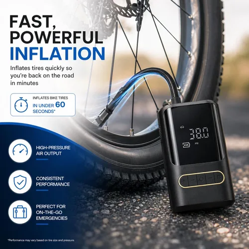Vista 3 de Compresor de aire portátil para bicicleta: mini bomba eléctrica para neumáticos con apagado automático, compatible con múltiples válvulas, inflador