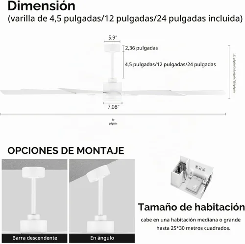 Vista 5 de ELEHINSER Ventilador de techo de 80 pulgadas con luces y 3 varillas, 8 aspas de madera contrachapada, motor de CC reversible silencioso de 6 Blanco