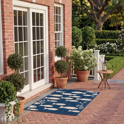 Vista 8 de SAFAVIEH Alfombra lavable para exteriores, colección Patio de 2.3 x 12 pies, color azul y beige, no desprende pelusa y fácil de limpiar, ideal