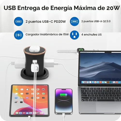 Vista 4 de ANNQUAN Receptáculo motorizado de encimera desplegable con cargador inalámbrico de 15 W, entrega de potencia máxima de 20 W, salida automática