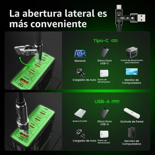 Vista 4 de MFish Cable de carga 4 en 1, cable de carga rápida máxima de 240W de 3.05 m con estuche de transporte, USB A/C de silicona a Lightning/C con luz