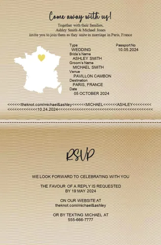 Vista 2 de Invitaciones de boda Pasaporte Destino Invitaciones de boda con RSVP Postal desmontable Cantidad de 50