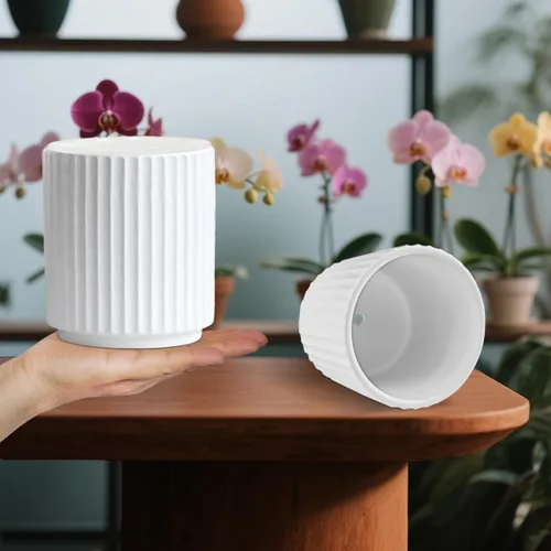 Vista 4 de MUZHI Macetero de cerámica blanca de doble capa con platillo, macetas de orquídeas con agujeros de 4.6 pulgadas, juego de 2, moderna maceta Blanco