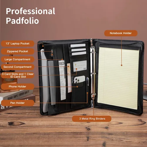 Vista 7 de Portafolio de cuero con carpeta de 3 anillas, padfolio de cuero vegano con cremallera, portafolio organizador profesional de negocios para regalo
