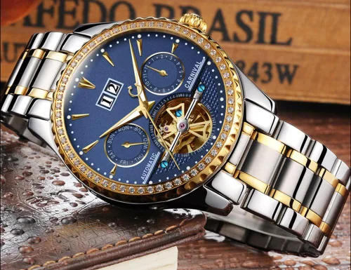 Vista 3 de CARNIVAL Relojes automáticos impermeables automáticos de oro completo de zafiro con calendario multifunción para hombre tourbillon