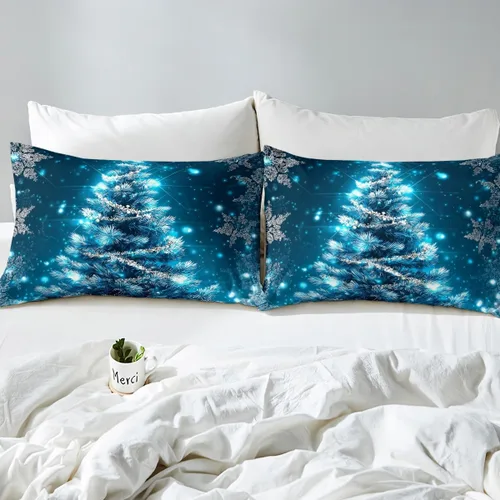 Vista 7 de Juego de ropa de cama de Feliz Navidad, funda de edredón azul con árbol de Navidad para niñas y niños, elegante funda de edredón de copo de nieve