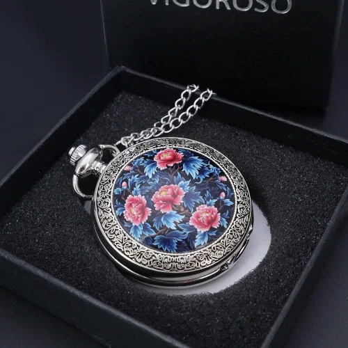 Vista 5 de VIGOROSO Cuarzo Hermoso Peony Bird Esmalte Pintura Steampunk Relojes de bolsillo de plata en caja