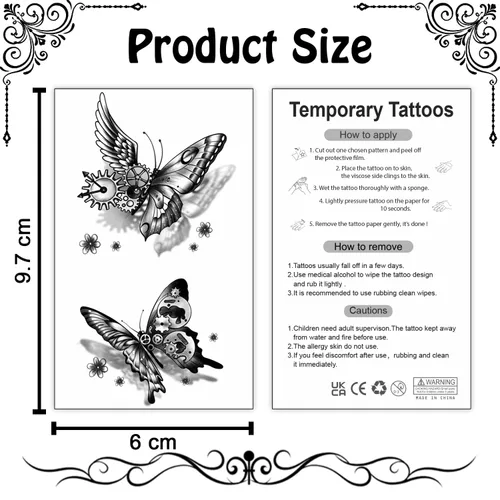 Vista 6 de Cerlaza 20 hojas de tatuajes temporales de mariposa negra para mujeres adultas, 120 estilos de mariposas pequeñas, tatuajes falsos impermeables
