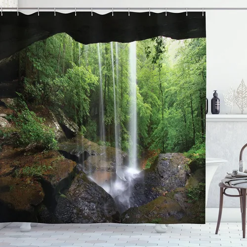 Vista 37 de Ambesonne Cortina de ducha con diseño de ciervo, silueta de animales del bosque brumoso en la naturaleza, diseño de dibujos animados, decoración