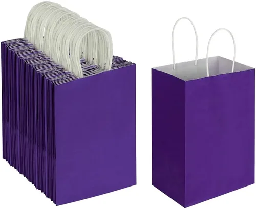 Vista 2 de Oikss Cada paquete de 100 bolsas pequeñas de papel kraft morado y amarillo con asas a granel