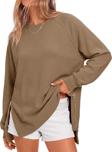 Vista 23 de ANRABESS - Sudadera de gran tamaño para mujer, cuello redondo, manga larga, tipo túnica, con cremallera lateral, sudadera con capucha, suéter