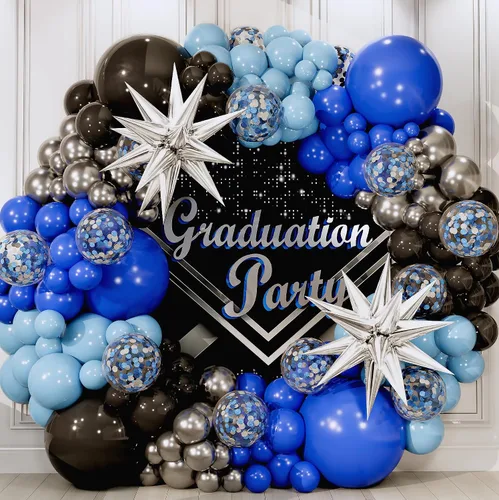 Vista 9 de Kit de arco de globos todo en uno azul y negro con estrella fugaz de bonificación – Globos plateados negros azules pequeños y grandes – Decoraciones