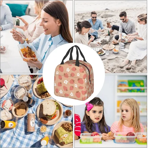 Vista 8 de Bolsa de almuerzo con aislamiento de fresas y flores, bolsa reutilizable para el regreso a clases, contenedor portátil para niños y niñas, cajas