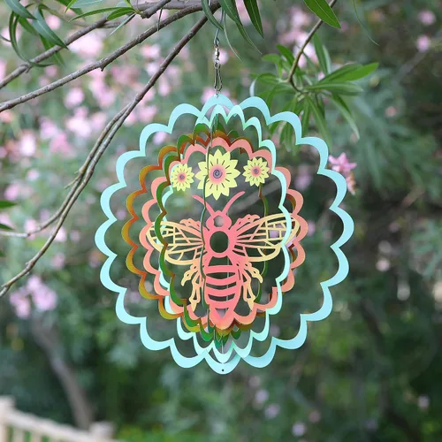 Vista 2 de Kinetic - Adorno colgante de metal 3D con diseño de abeja y viento para el hogar y el jardín, diseño de mandala de abeja de 12 pulgadas, molinos