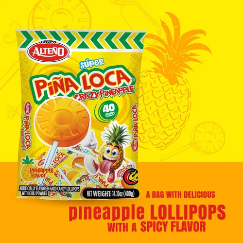 Vista 3 de Alteño (Alteno) Super Piña Loca - Paletas de chile y piña, caramelo duro picante estilo mexicano, envueltas individualmente, 40