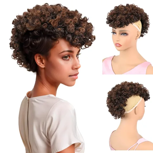 Vista 9 de UA Jerry Curls Mohawk - Cola de caballo sin cordón con flequillo, sintético, corto, afro, rizado, 6 clips BB (2#, negro natural)