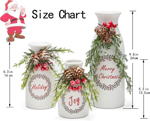 Vista 4 de Juego de 3 piezas artificial de Navidad, cubierto con decoraciones de Navidad mixtas, botellas de cerámica blancas
