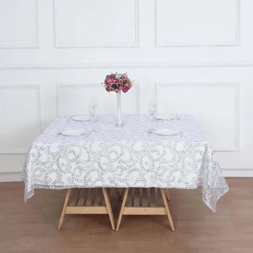 Vista 4 de Efavormart - Superposición de mesa de tul bordado de hojas de lentejuelas plateadas de 72 x 72 pulgadas, mantel cuadrado transparente Plateado