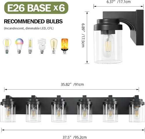 Vista 3 de Luces de tocador, lámparas de baño de 38 pulgadas sobre espejo, 6 luces de tocador de baño con pantalla de vidrio transparente, lámparas de pared