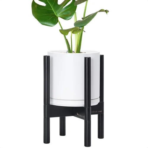 Vista 16 de D'vine Dev Maceta de cerámica con soporte de ébano – Maceta redonda moderna de 8 pulgadas con soporte para maceta de madera, color negro, 55-B-M-2