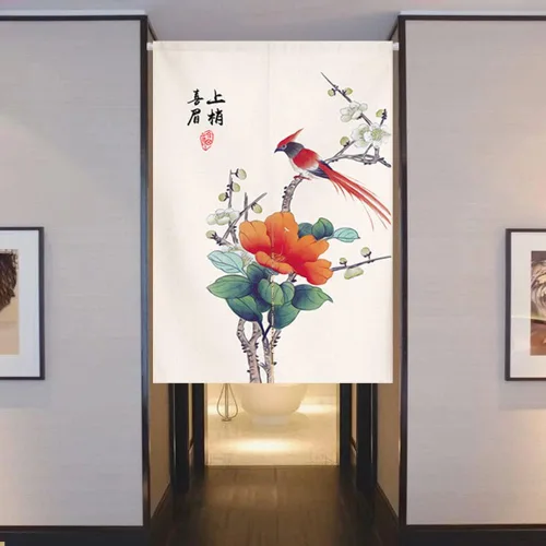 Vista 2 de Tapiz japonés Noren para puerta, cortina tradicional china de la riqueza de la fortuna para puerta, pintura de flores, decoración del hogar, 29 x 35