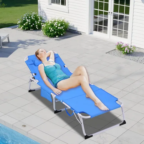 Vista 2 de Silla de bronceado 3 en 1 extragrande con esterilla y agujero para la cara, silla lounge plegable resistente - Silla ajustable de 5 posiciones