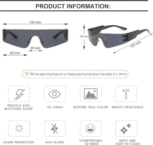 Vista 4 de Gafas de sol envolventes futuristas sin montura para mujeres y hombres UV400 Cyberpunk con visera de moda