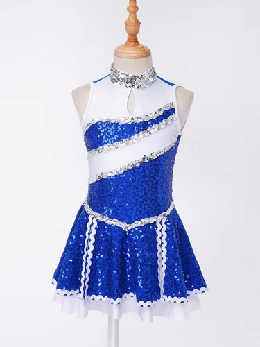 Vista 2 de CHICTRY Disfraz de Majorette sin mangas con lentejuelas brillantes para fiestas de espectáculo, disfraz de Majorette