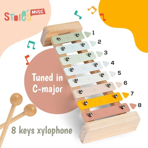 Vista 2 de Stoie's Xilófono de madera para niños y bebés, diseño amigable para niños, xilófono de 8 notas con colores de alegría afinado en C-Key con mazos
