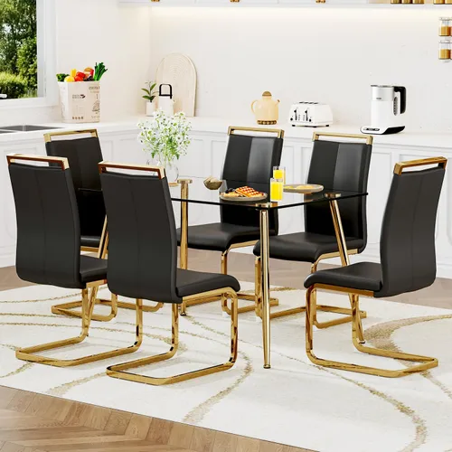 Vista 13 de Juego de mesa de comedor de vidrio Ebullient para 4, mesa de 51" de vidrio templado transparente con patas de metal negro y 4 sillas de acrílico