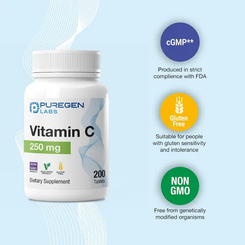 Vista 7 de Puregen Labs Vitamina C de 250 mg apoya un sistema inmunológico saludable y protección antioxidante, sin OMG, sin gluten, fabricado en Estados
