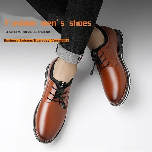 Vista 3 de Zapatos Oxford de cuero genuino con cordones para hombre, zapatos ligeros de moda casuales de grano completo para negocios